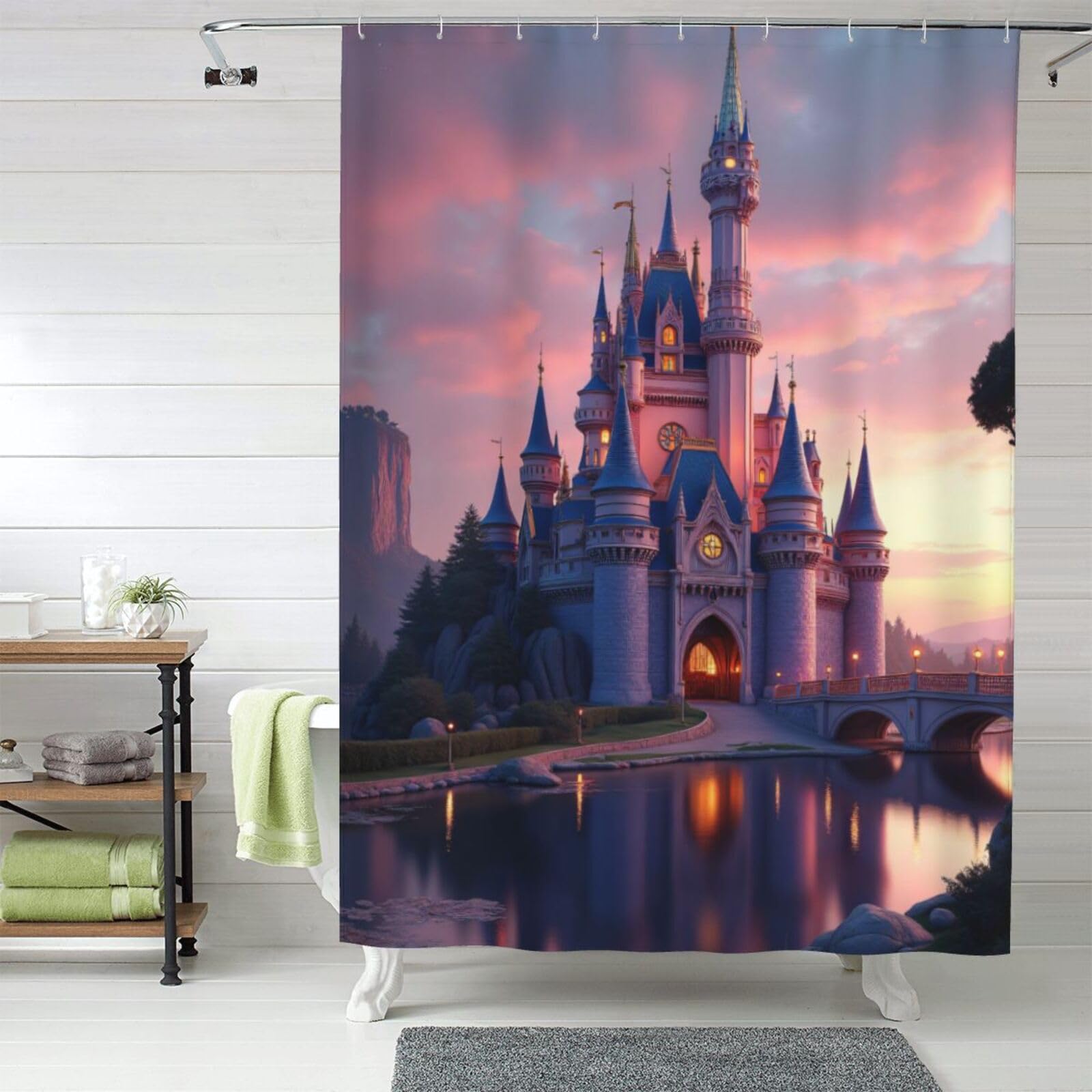 Rideau de douche château mauve 152x183 cm en tissu lavable