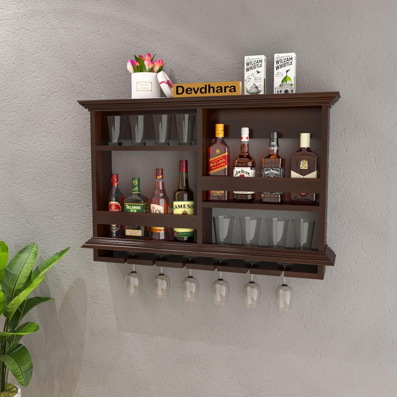 - Solid sheesham Wood Wine Rack bar Cabinet with 8 Wine Bottle Storage and 6 Glass Holder for Home bar Furnishing.