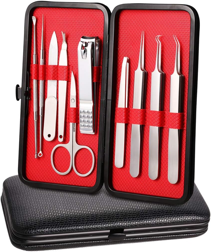 Blackhead Remover Comedone Extractor Tweezers Manicure Nail Clippers Kit, for Nial Cutter Acne Pimple Blemish Removal Professional Stainless Steel Travel Tools Set with Leather Case by Teamkio