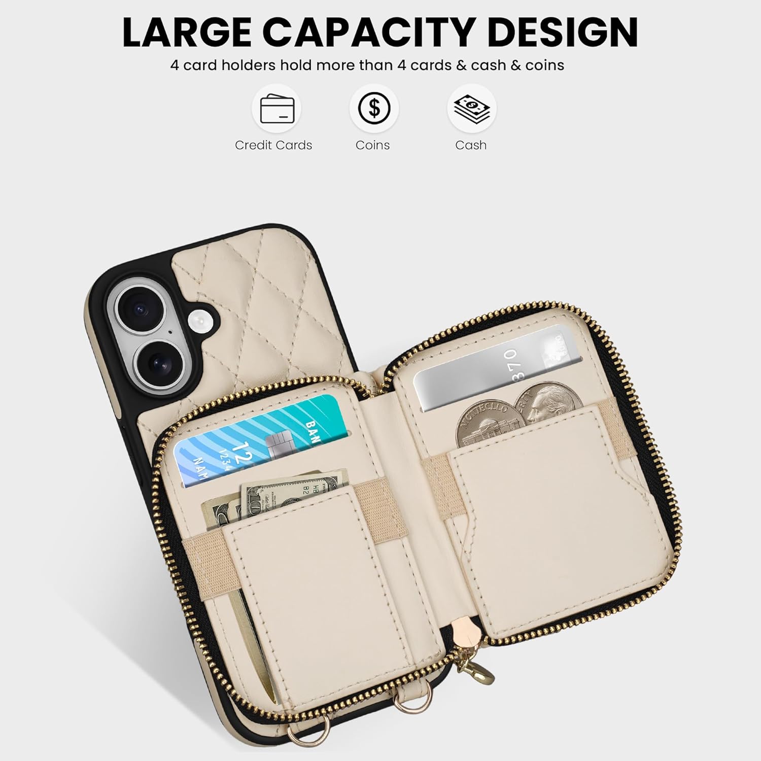 Keallce Case for iPhone 17 6.3'' Wallet Case, Crossbody Zipper Purse with Wrist Strap Lanyard Handbag, RFID Blocking Card Holders, Kickstand Flip Leather Cover for iPhone 17, Beige