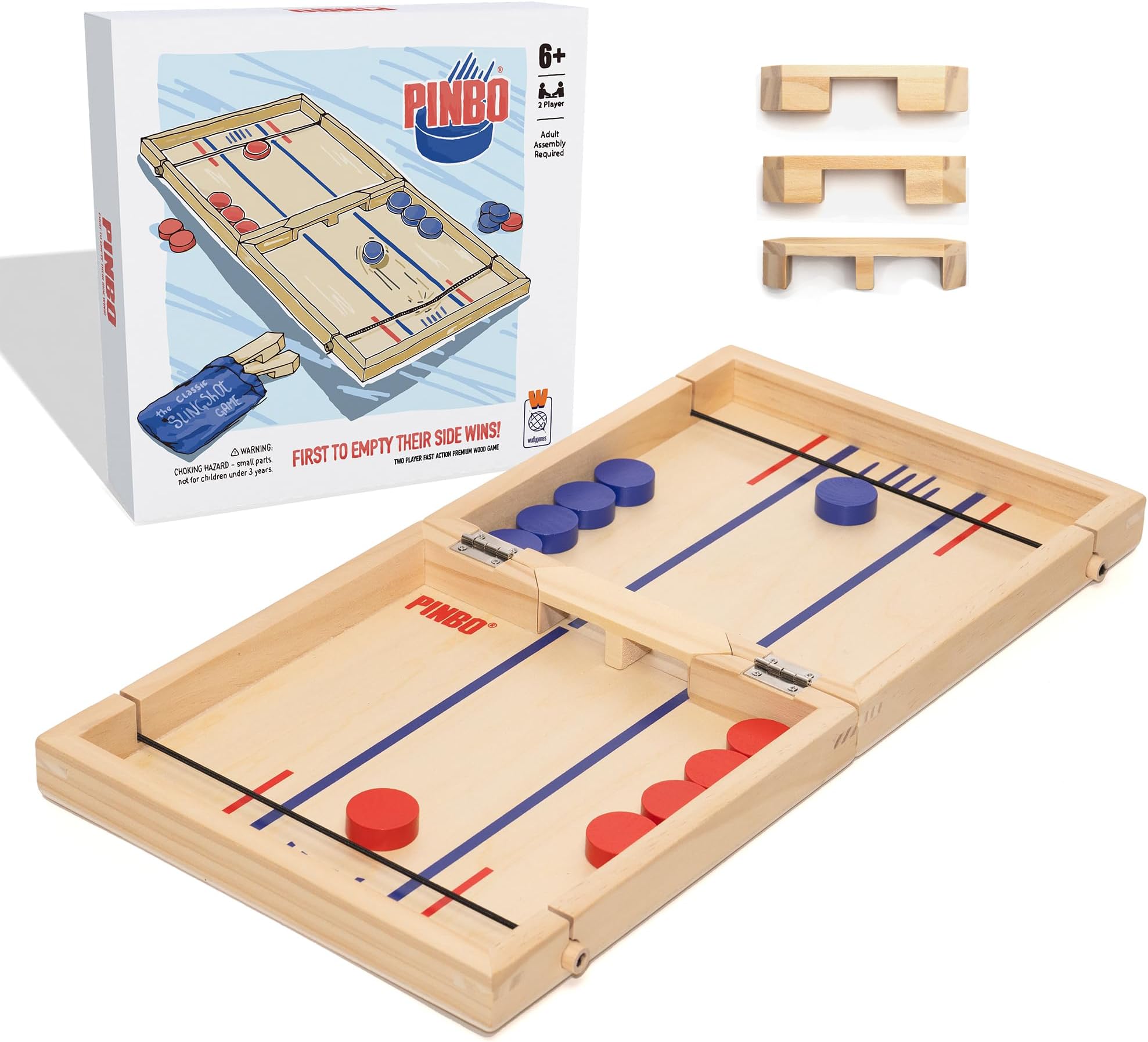 Pinbo Sling Puck Game (18") Premium Wooden Foldable Board | 2 Player Tabletop Game for Adults & Kids | Travel Friendly Classic Slingshot Game