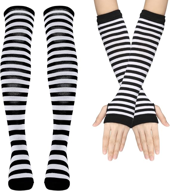 Women's Striped Knee High Socks & Arm Warmer Warm Over Knee Stockings Leg Warmer Striped Long Fingerless Gloves Elbow Length Gloves Set for Halloween Christmas Costume