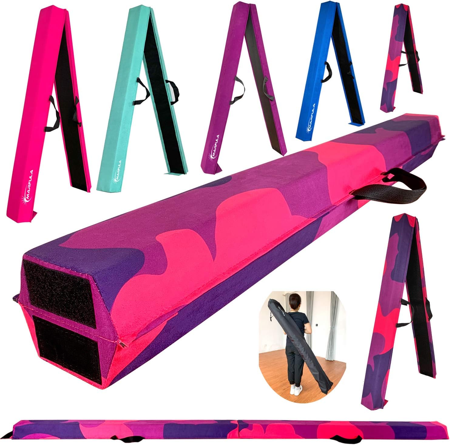 MARFULA 6 FT / 8 FT / 9 FT Folding Gymnastics Beam Foam Balance Floor Beam - Extra Firm - Suede Cover - Anti Slip Bottom with Carry Bag for Kids/Adults Home Use