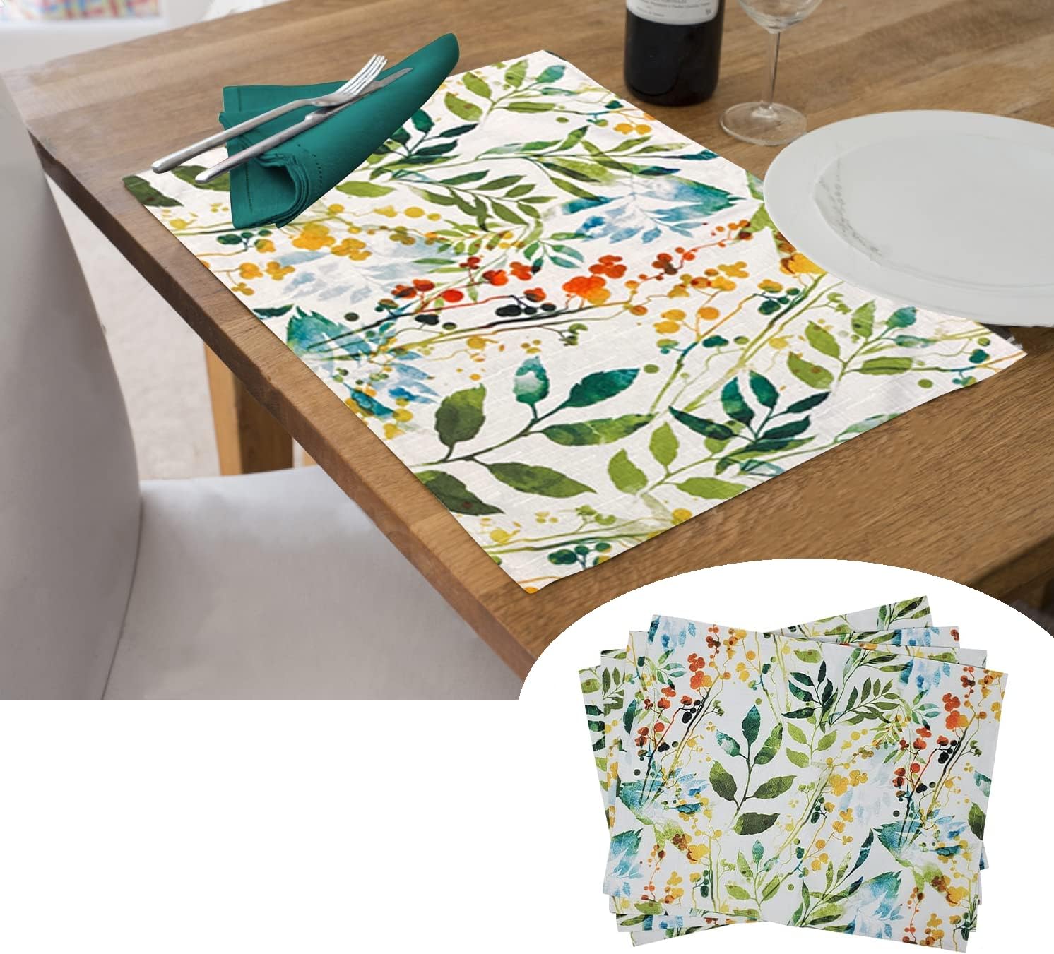 KOVOT Floral Placemat Set of 4 | 17" x 13" Indoor & Outdoor Spill-Proof Dining Table Place Mats for Spring, Summer, Kitchen, Wedding Party, Tabletop Flower Decoration | Style: Breezy Foliage : Grocery & Gourmet Food