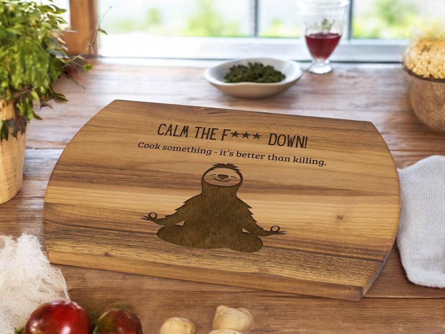 Funny Personalized Wooden Cutting Board Holiday Gift With Engraved Sloth Design Calm Down Cooking Theme Christmas Kitchen Decor Perfect For Cooks Home Chefs Or Holiday Entertaining
