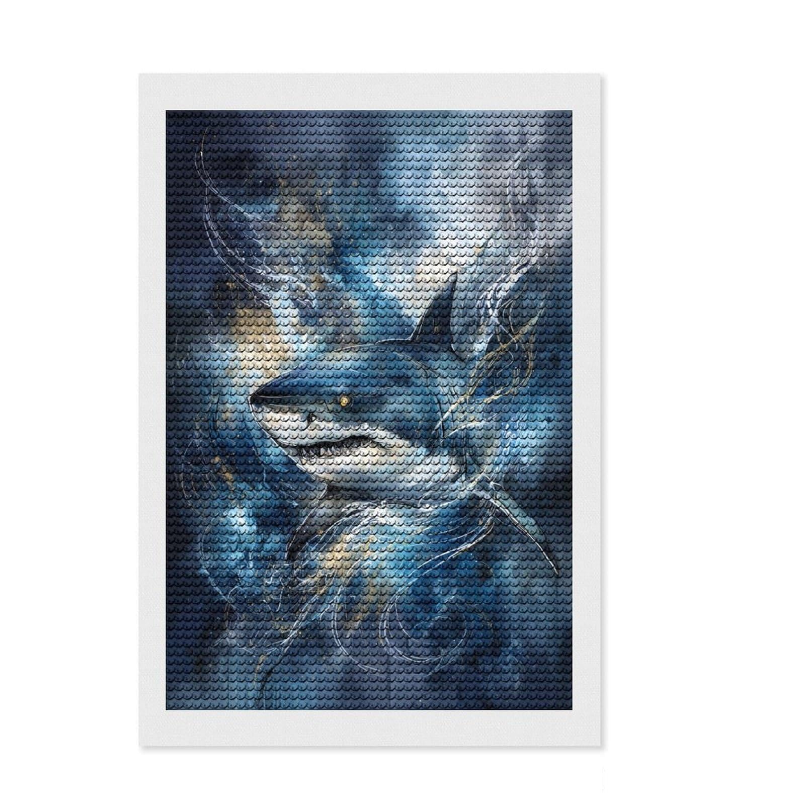 Junmoney Shark in Nebula Diamond Art Canvas 8"x12", Adhesive Canvas, Living Room Decor, for Family Craft Time, Thoughtful Handmade Gift