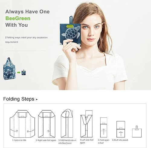 Miniatura 5 de BeeGreen Bolsas de compras reutilizables para comestibles, paquete de 6 bolsas de compras con bonito patrón de tortugas marinas, paquete de 10