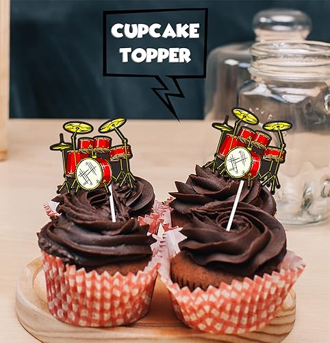 Miniatura 5 de 18 piezas de decoración de postre con purpurina roja de tambor, decoración temática de baterista, suministros de decoración para baby shower, niños