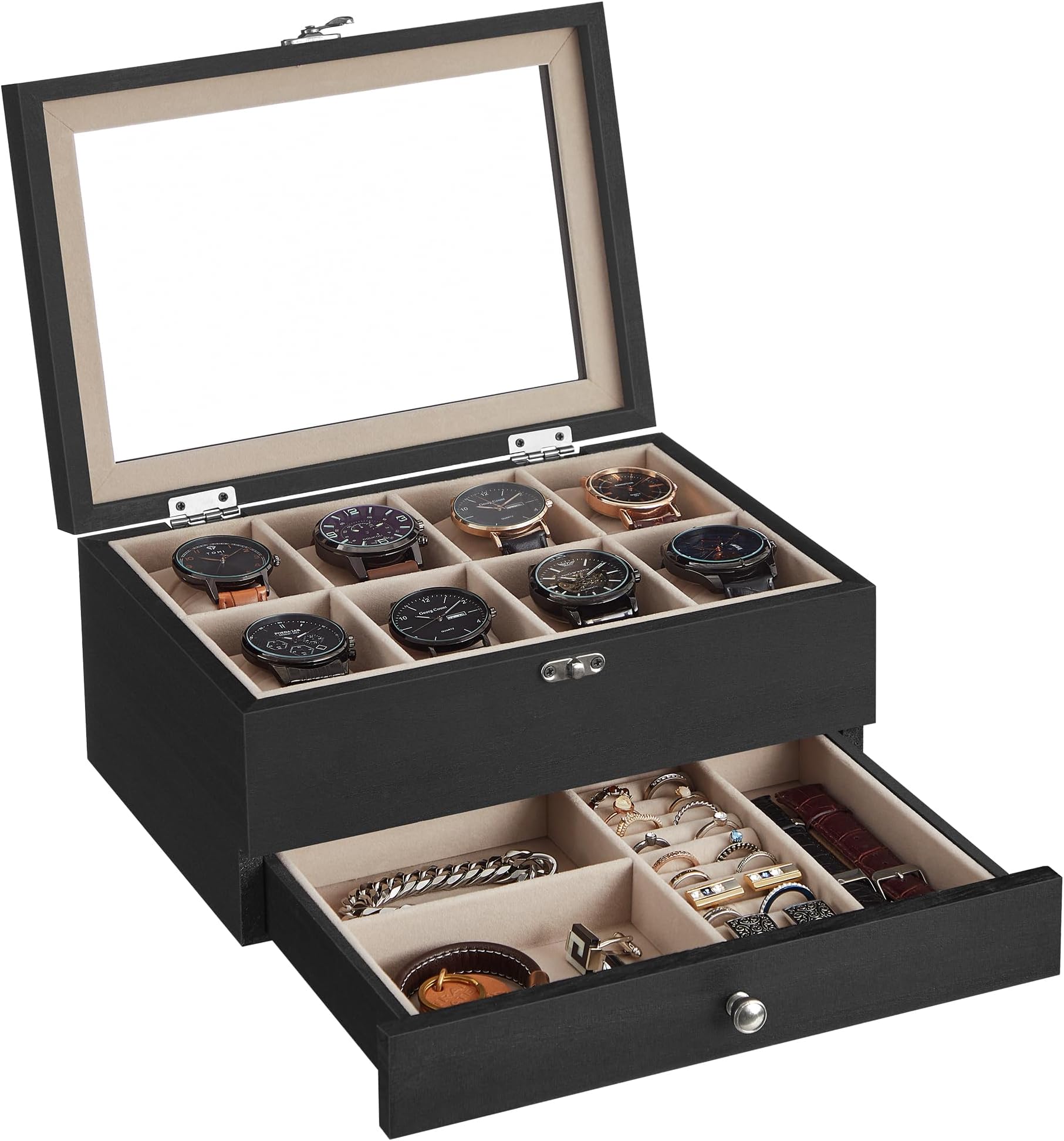 SONGMICS 8-Slot Ebony Black Wood Watch Box with Glass Lid, Jewellery Storage, Gift for Loved Ones, JOW008B01