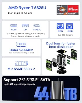 AOOSTAR R7 AMD R7 5825U Mini PC 8C/16T uP, Support 44T(2 * 22T 2 Bay Storage ),Mini Desktop NAS Without RAM/SSD,Dual NVME Slots WiFi 6 Dual 2.5G LAN Soft Router Plex Sever