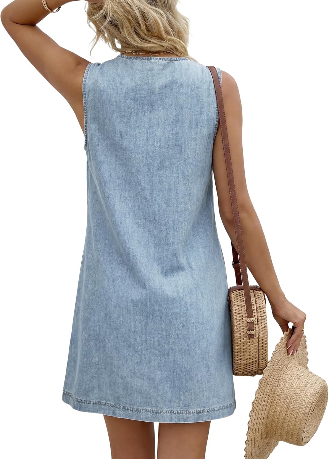 Rooscier Women's Button V Neck Sleeveless Casual Mini Denim Dress with Pocket