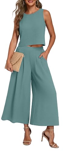 Lepunuo Womens Summer 2 Piece Outfits Flowy Wide Leg Pants Matching Sets