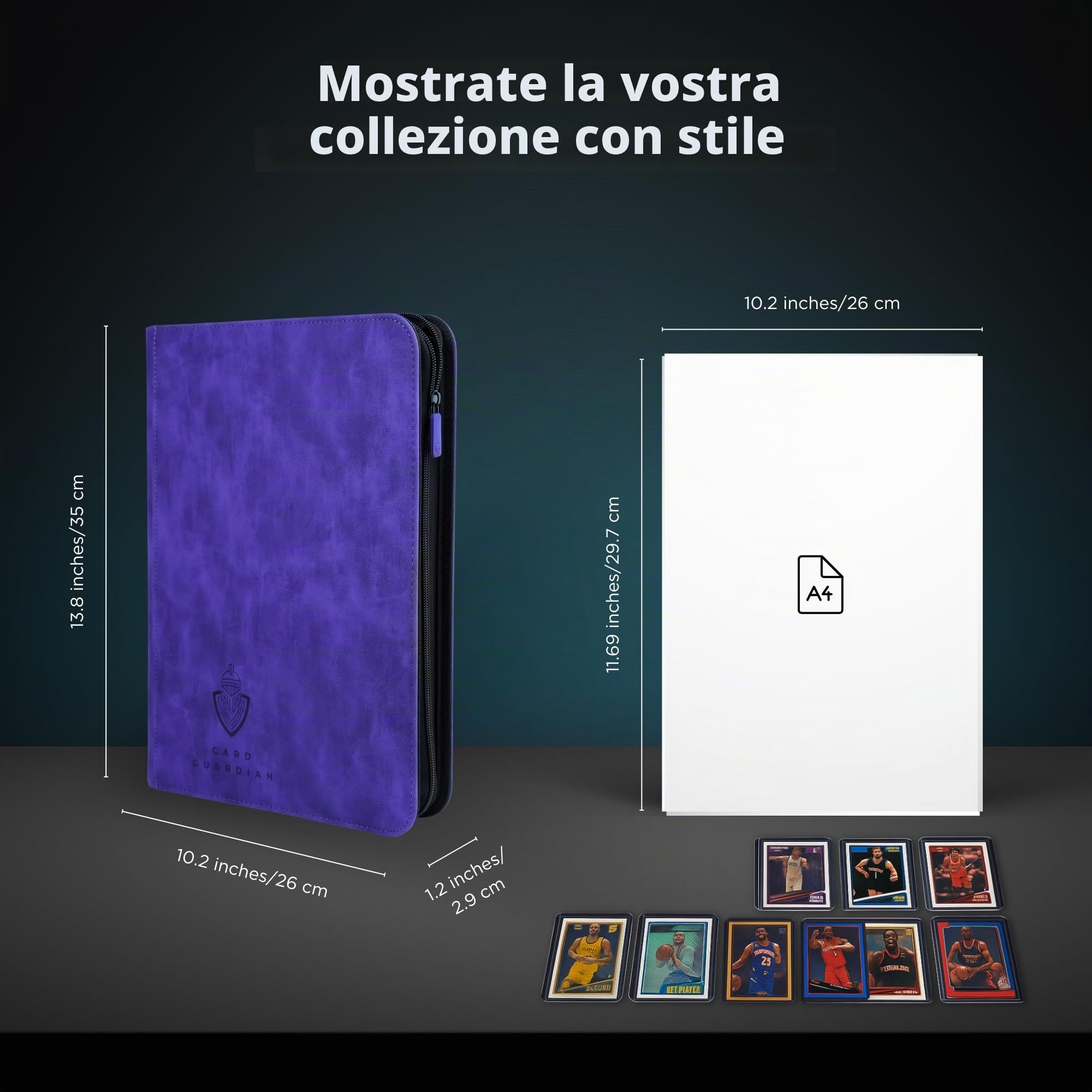 Card Guardian - Raccoglitore premium con 9 tasche con cerniera per 504 carte - tasche laterali per giochi di carte collezionabili TCG (viola)