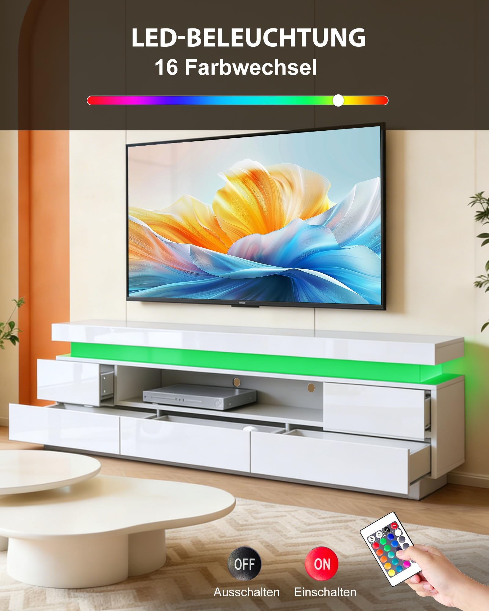 LED-TV-Schrank 160cm Moderner Hochglanz-TV-Schrank mit 3 Schubladen, Sideboard für Schlafzimmer, Wohnzimmer, Wohnmöbel (Weiß)
