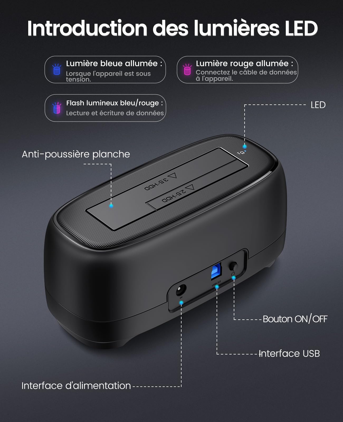 ORICO SATA SSD/HDD Dock pour Disque Dur, USB 3.0 Station d'accueil pour Dique Dur de 2,5 et 3,5 Pouces, Supporte UASP et Les disques de 20To(DD18U3)