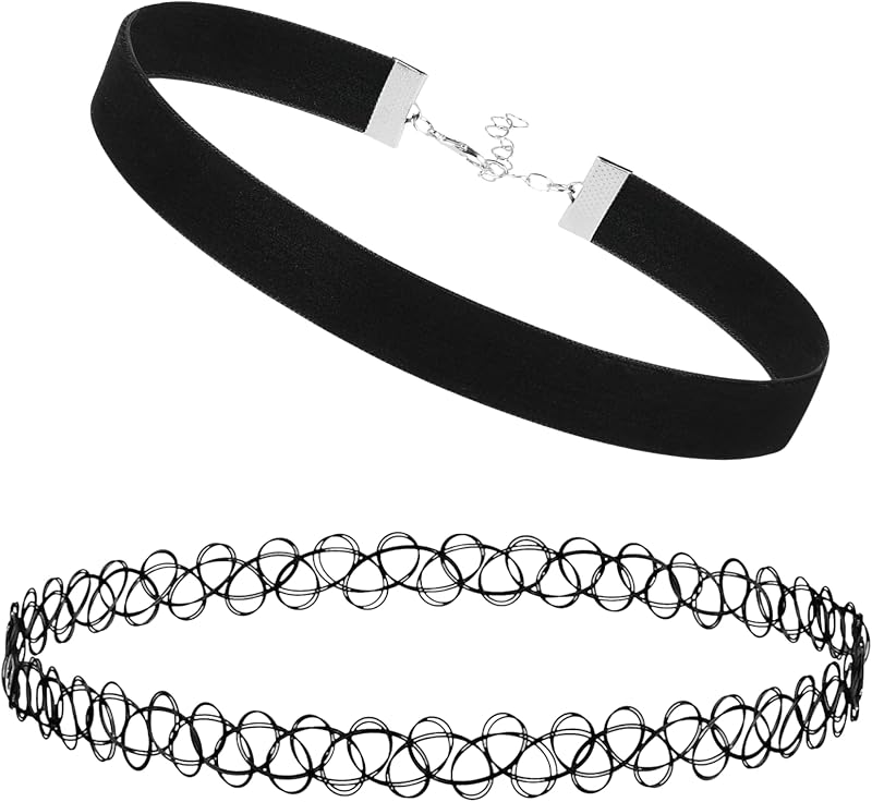 2PC Tattoo Choker Leather Necklace Set - 90s Choker Necklace for Women - 2000s Y2K Vintage Collar Neck Lace - Gothic Jewelry Emo Scene Accessories Punk Rock Femboy Statement