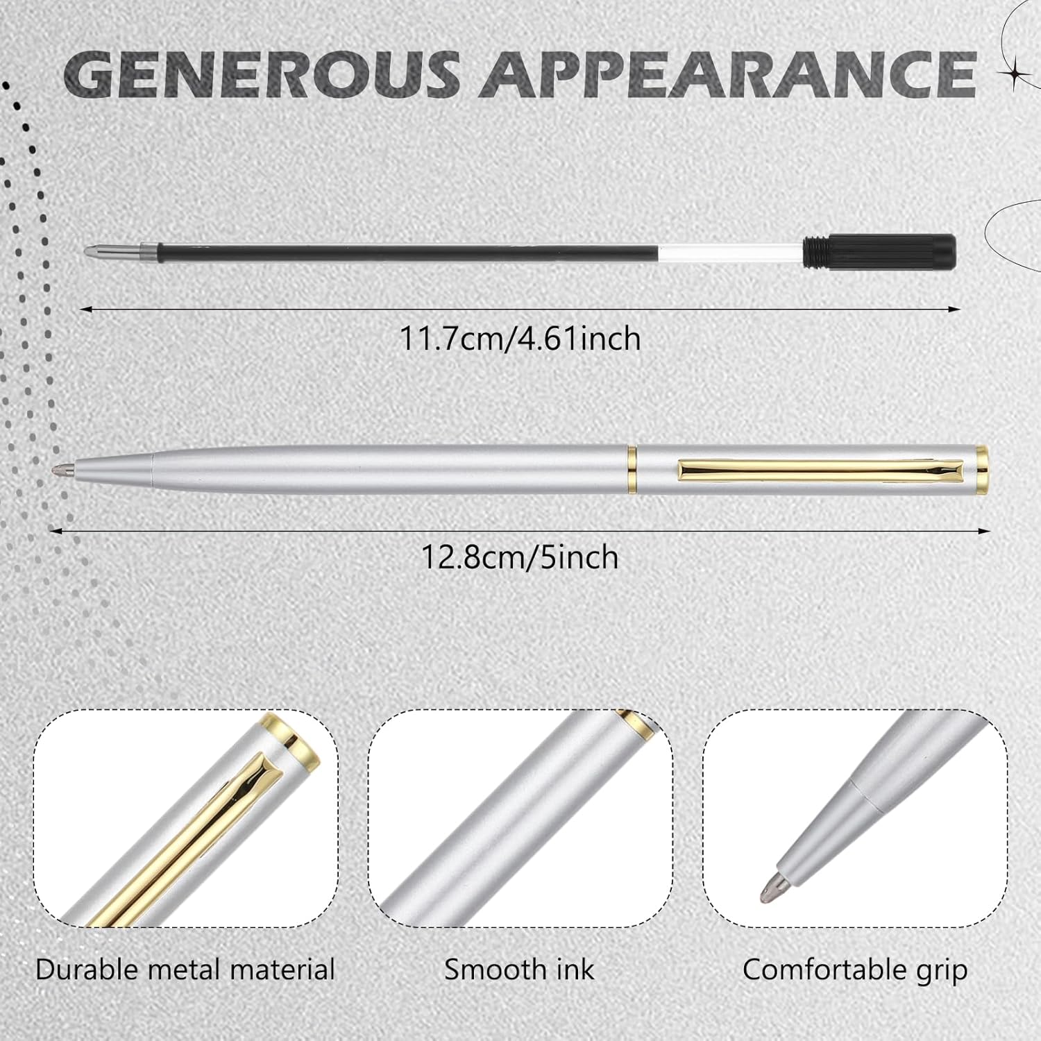 Lincia 100 Pieces Silver Slim Metal Ballpoint Pen 1 mm Medium Black Ink Smooth Writing Silver Retractable Point Metal Pen for Graduation Office Business Students Teachers Wedding Guest(Classic)