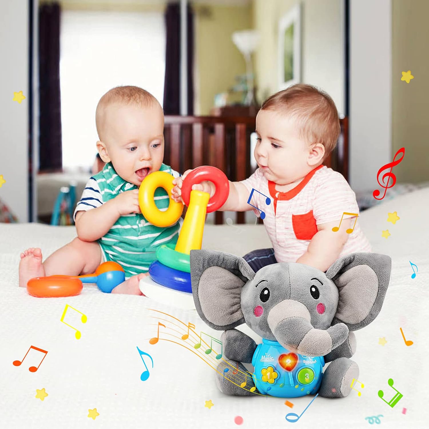Sakiyrmai Plush Elephant Music Baby Toys 0 3 6 9 12 Months, Cute Stuffed Animal Light Up Baby Toys Newborn Baby Musical Toys for Infant Babies Boys & Girls Toddlers 0 to 36 Months-Upgraded : Toys & Games
