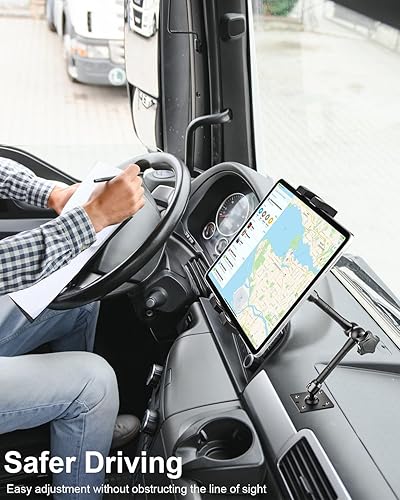 Miniatura 4 de woleyi Soporte de tableta con base de taladro para camión, brazo largo de metal, soporte de tableta de camión resistente, soporte de tablero de