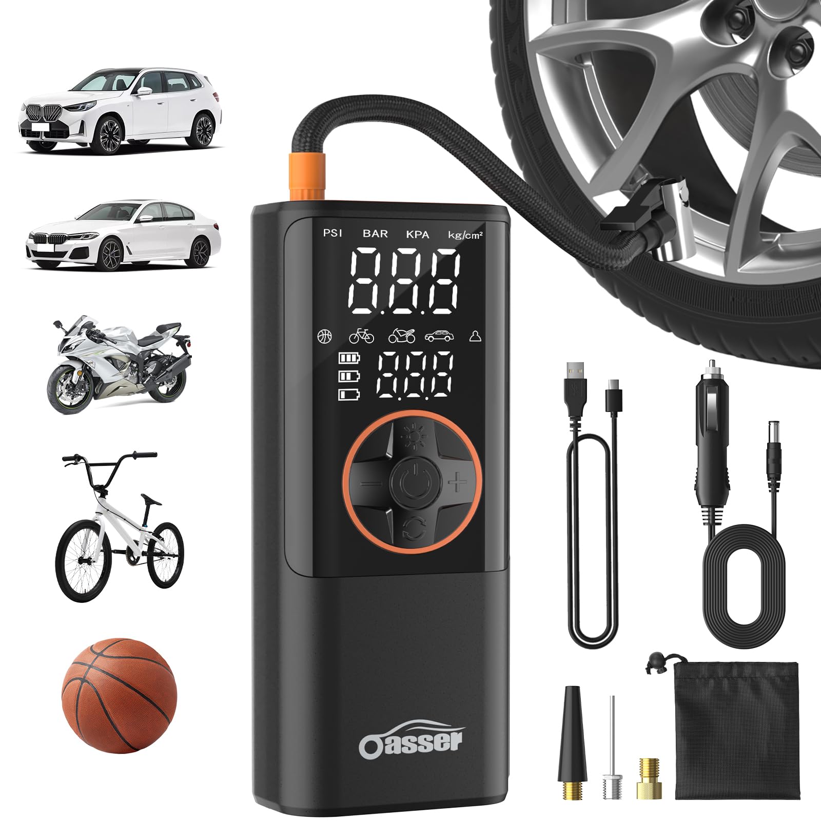 Oasser Tyre Inflator Air Compressor Bike Pump Car Tires 150Psi, 6000Mah & Dc 3M Car Cigarette Lighter Portable Car Tyre Pumpwith Dual Display, Auto Shut-Off,Storage Bag For Cars, Motorcycle,Bike