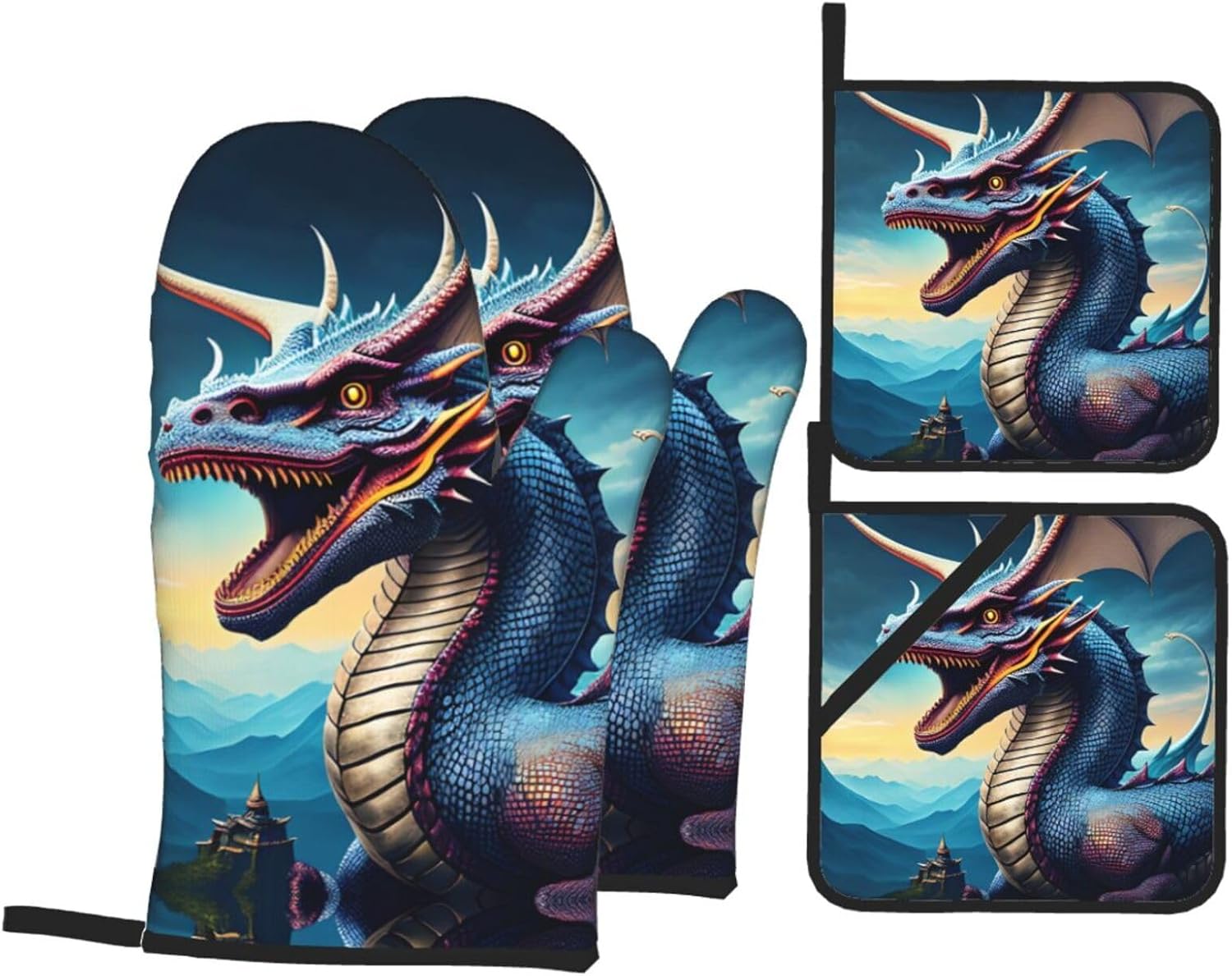 Roaring Dragon Oven gloves and heat-resistant mat 4-piece set. Suitable for grilling, microwave oven frying, and baking