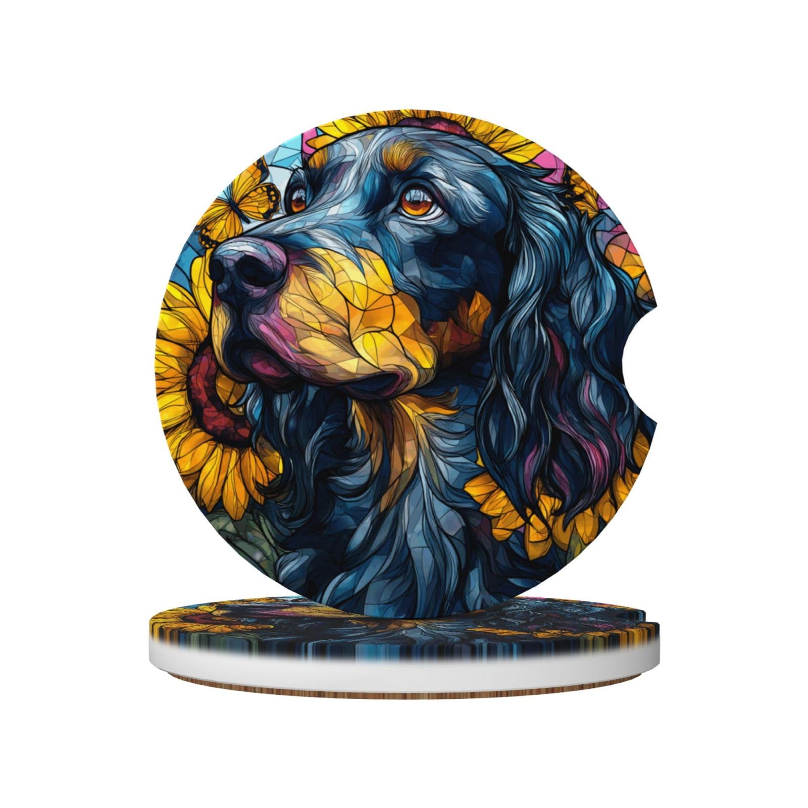 Stained Glass Dog Sunflowers Butterflies Ceramic Coasters,2pcs