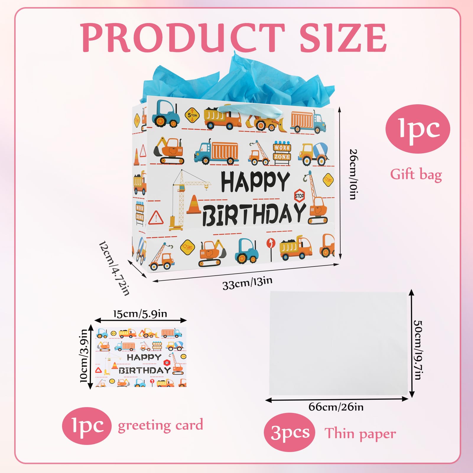 LUCTHY Large Birthday Gift Bag with Handles, 3 Tissue Papers, Card, Car-1 - Image 2