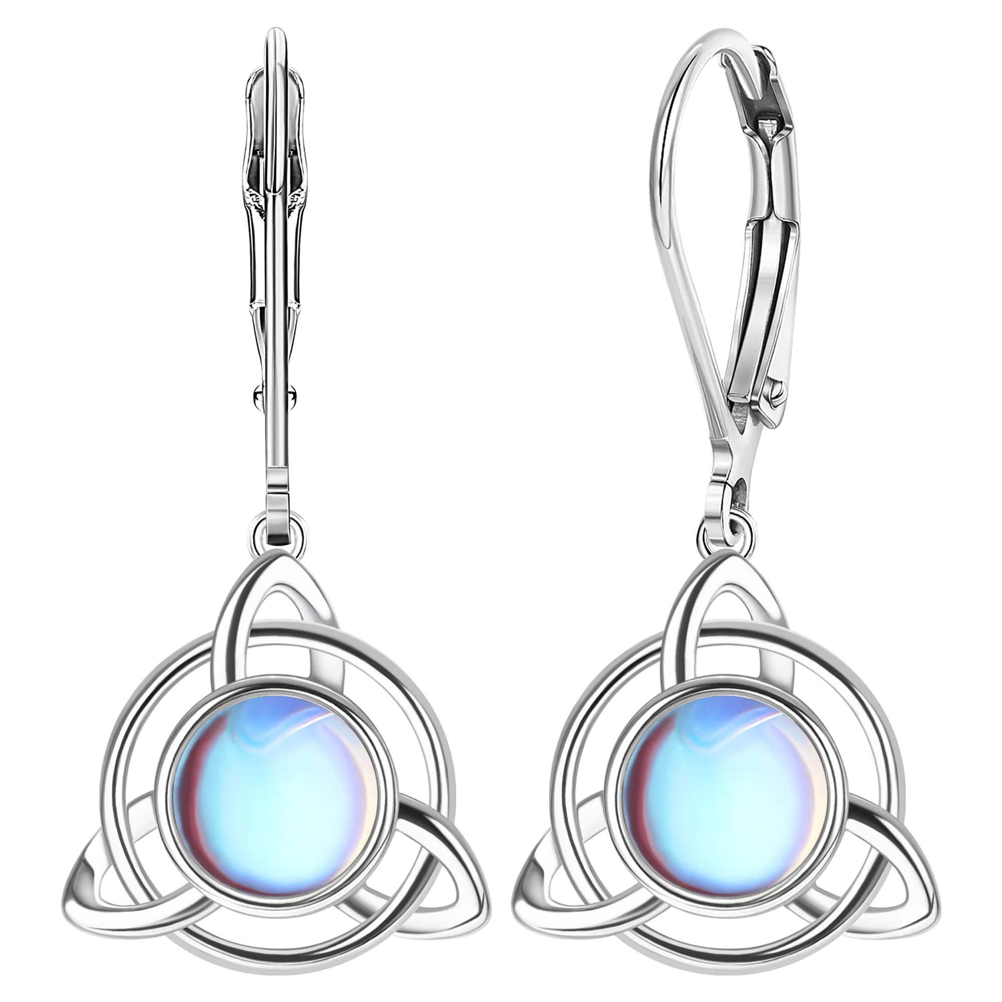 KRFY 925 Pendientes para Mujer de Piedra Lunar de Plata Esterlina 925 Plata Irlandesa Celtic Knot Aro Pendiente Arco iris Piedra Lunar Colgante Aros Leverback Joyería Regalos