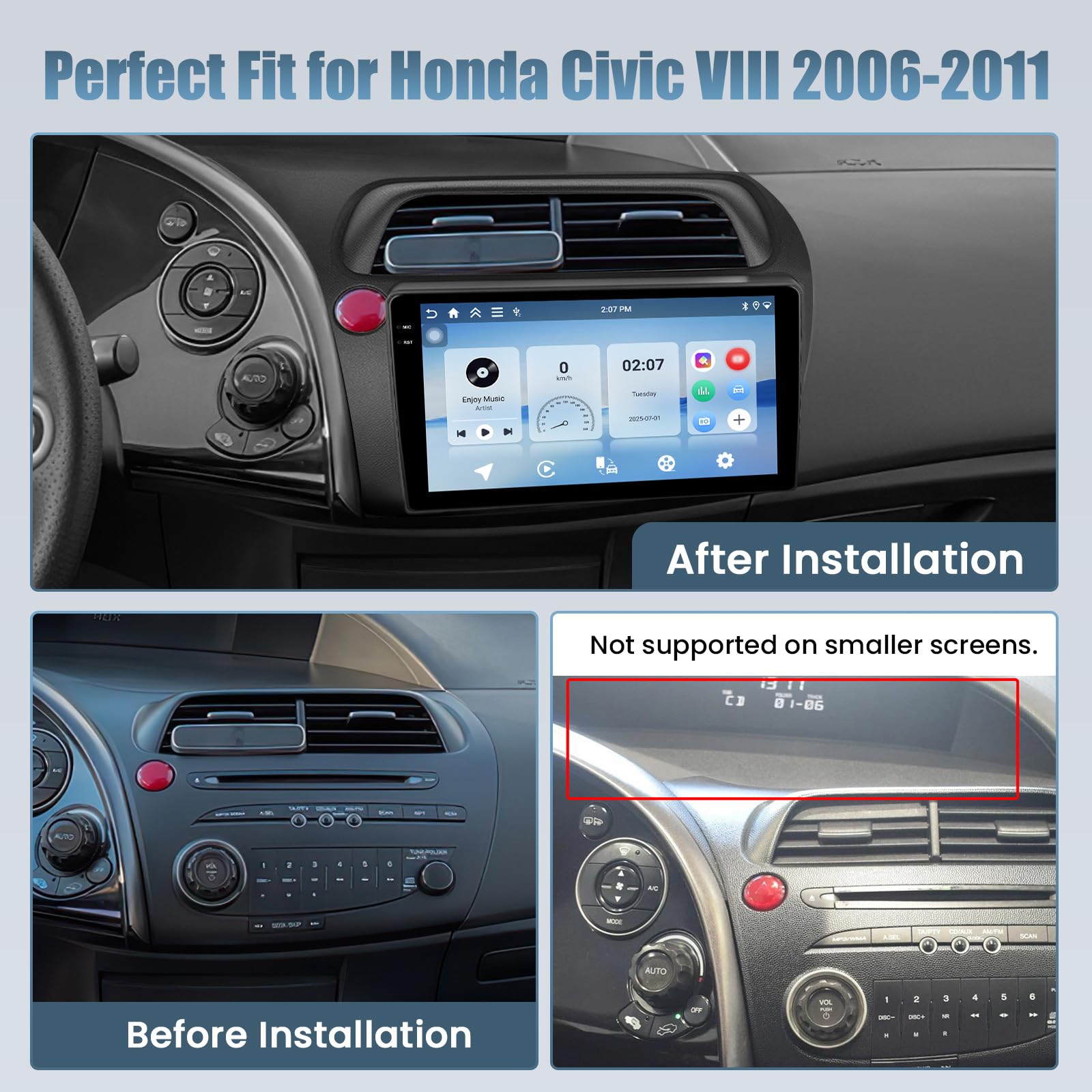 4+128G Radio Android 15 para Honda Civic VIII 2006-2011 Incell Screen Wireless Carplay Android Auto Roinvou, 9 Pulgadas Pantalla Táctil Estéreo Radio GPS Bluetooth EQ WiFi RDS FM SWC Cámara Trasera