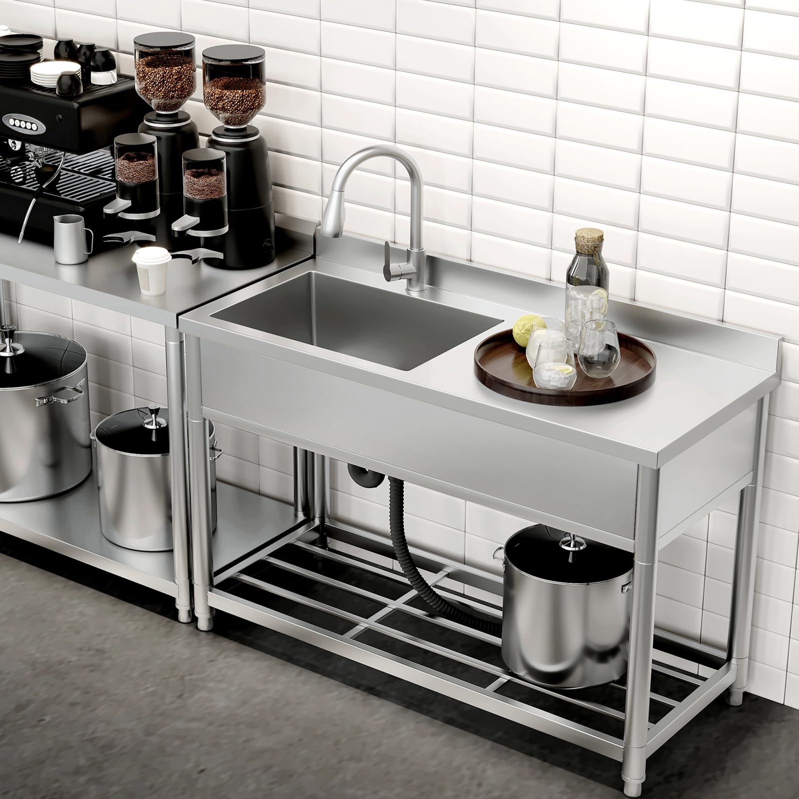 Freistehende Edelstahl Spültisch Gastro mit Werkbank, Gewerbliche Küchenspüle mit Ausziehbarem Wasserhahn, Outdoor Spüle für Küche Garage Waschküche Restaurant, 55T x 120B x 94H cm