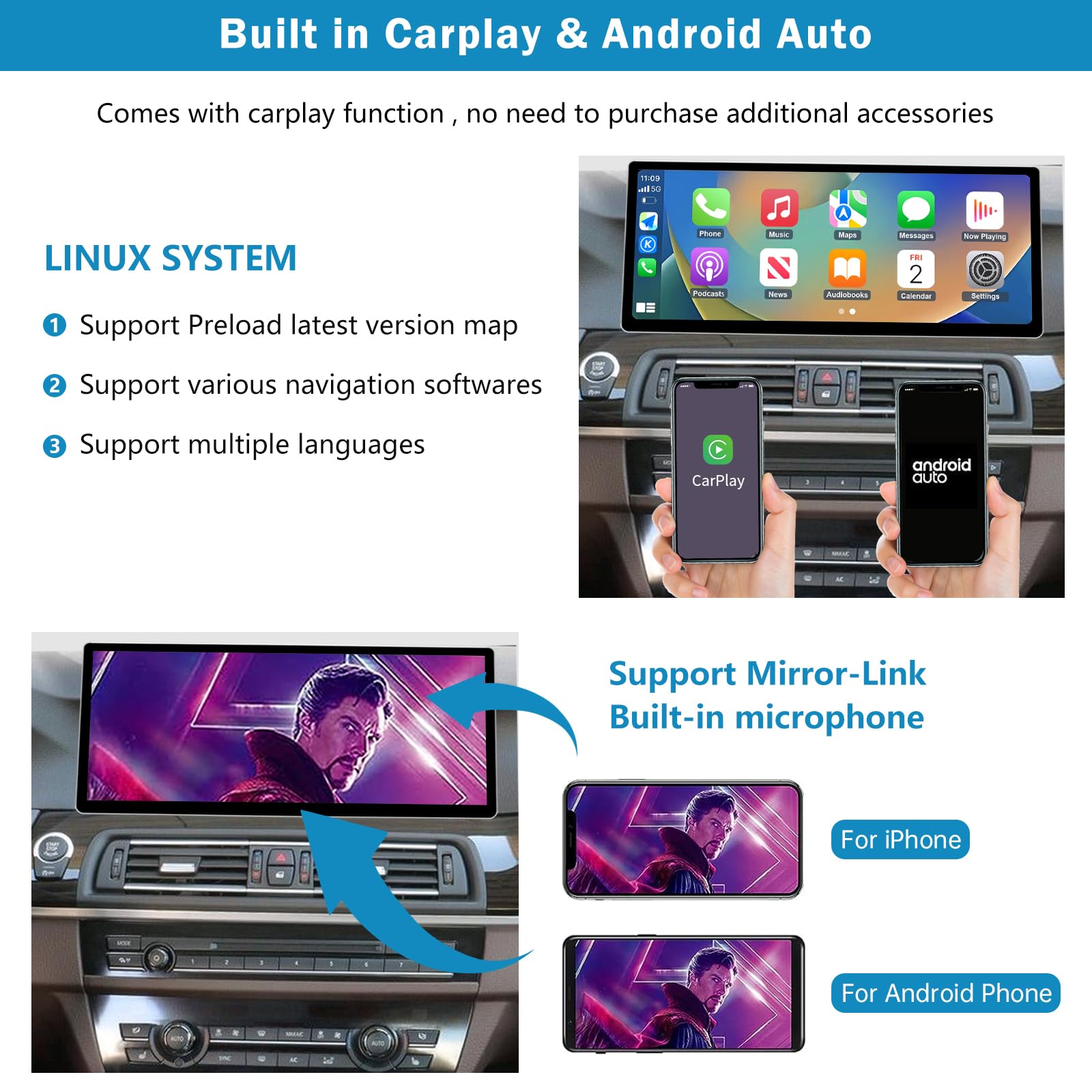 12.3'' Radio samochodowe, Apple CarPlay/Android Auto/Mirrorlink/GPS dla BMW serii 5 F10/F11 z lat 2012-2016 z radiem samochodowym z ekranem dotykowym NBT, nawigacja GPS do samochodu