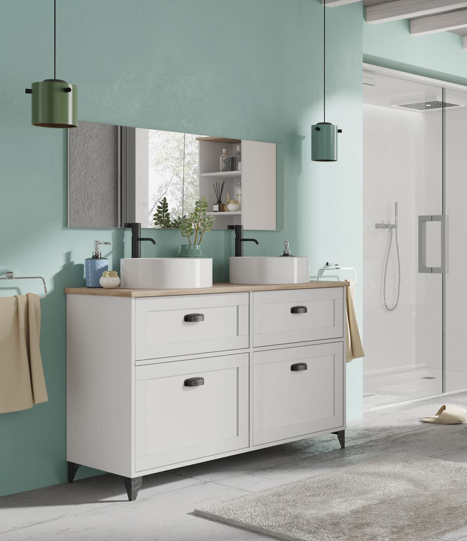 Muebles Pitarch | Mobile da bagno doppio con lavabi in ceramica inclusi, larghezza 120cm, con piedi, cassetti a chiusura lenta, 2 porte, per lavabi da appoggio, Bianco e Rovere ,Vintage