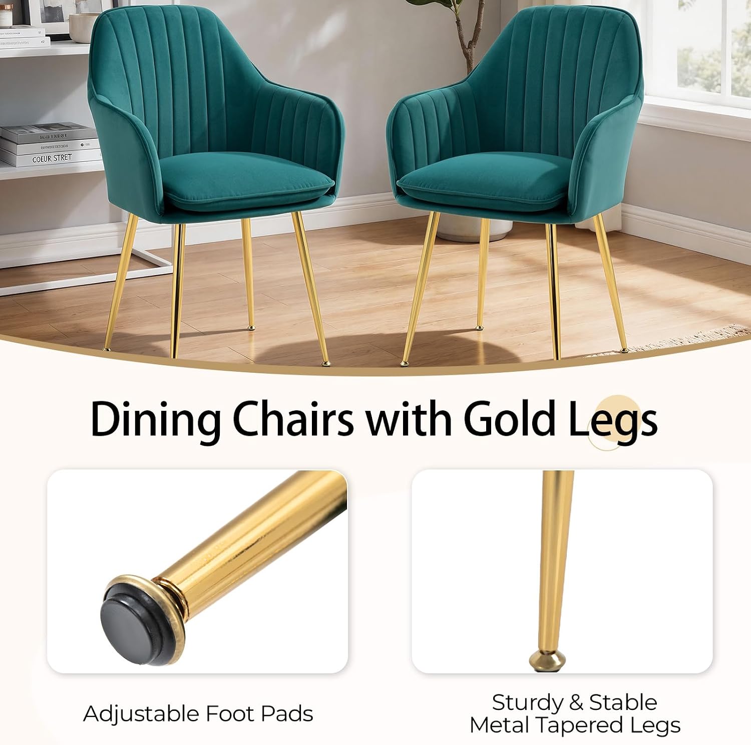 AVAWING Modern Living Dining Room Accent Arm Chairs Set of 2, Velvet Mid-Century Upholstered Seat Club Guest with Golden Legs, Green