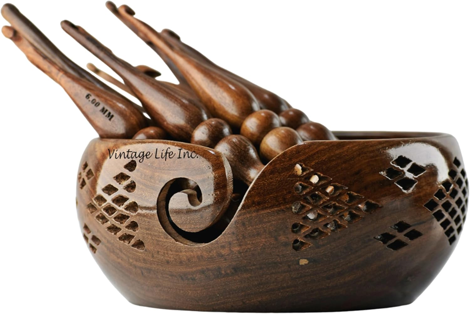 DnU Avenue Sheesham Wood Set of 13 Ergonomic Crochet Hooks 3.5 MM to 12 MM, Wooden Yarn Crochet Hooks for Arthritic Hands, Knitting & Crochet Storage, Soft Grip, Wood finish, Brown (Hooks with Bowl A)