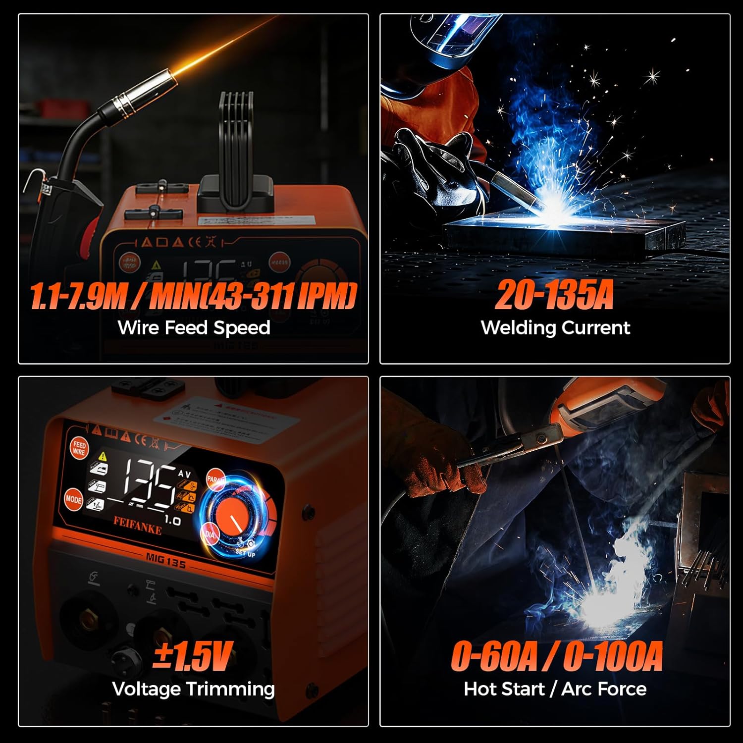 FEIFANKE 135A MIG Welder, 110v Flux Core MIG/Stainless Flux MIG/Stick/MMA/Lift TIG 4 In 1 Portable Multiprocess Welding Machine With LED Display, Synergic Wire Feed Welder IGBT For Thin Metal（6.6LBS）