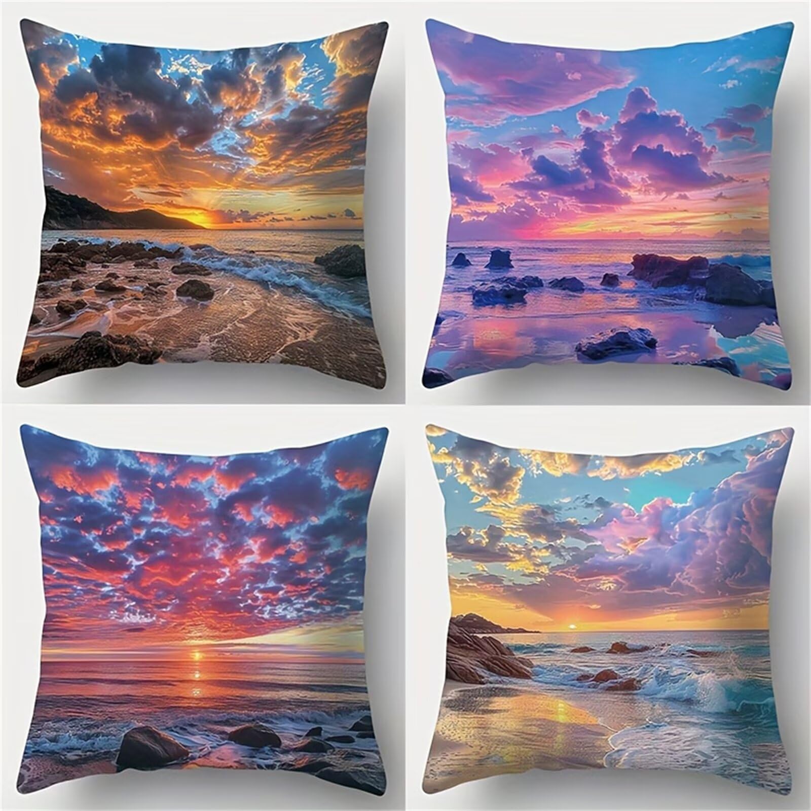 Heaen Outdoor Cushions Covers Waterproof 35x35 cm Set of 4 Square Linen Pillow Cases Sunset Landscape Decorative Dushions for Sofa Porch Patio Home Decor