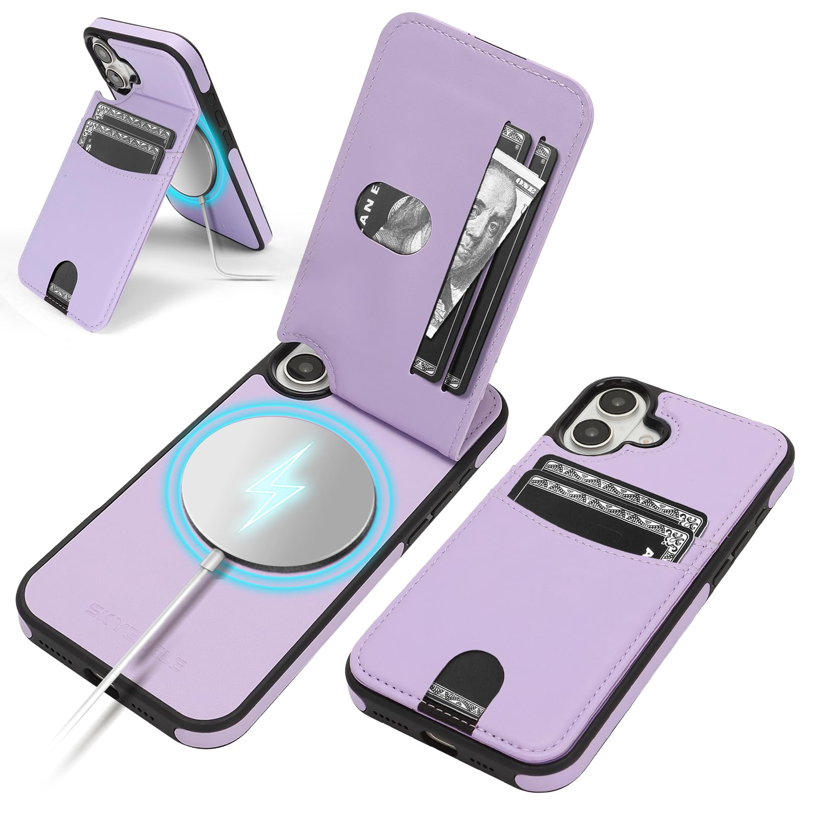 SkyEagle Compatible with Magsafe for iPhone 16 Plus Wallet Case with Card Holder Kickstand RFID Blocking Flip Cover Credit Card Slots PU Leather Men