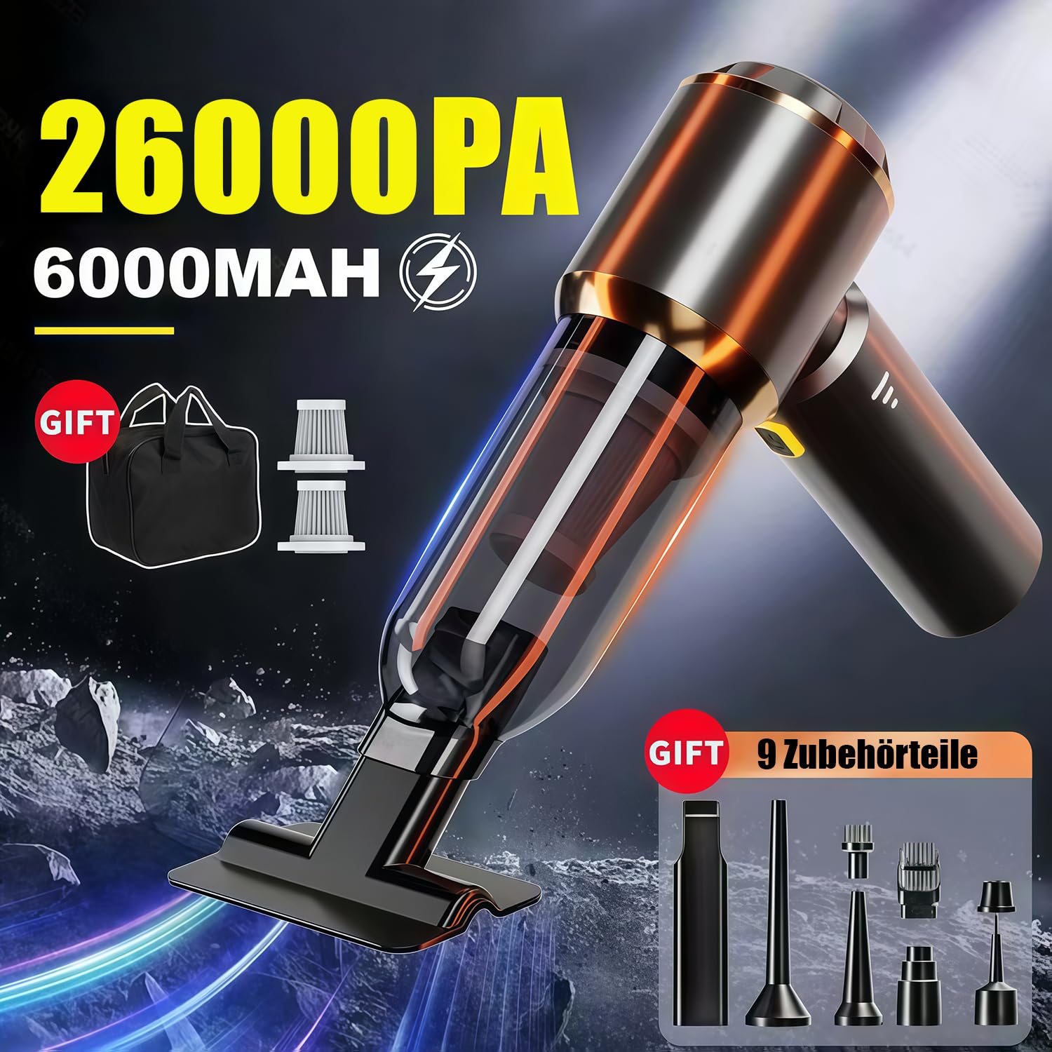 Handstaubsauger Akku, 26000PA Auto Staubsauger, Upgrade-Schnellladung, 3-Gang Akku Staubsauger mit Bürstenloser Motor per Auto, Tierhaare, Sofa Reinigung
