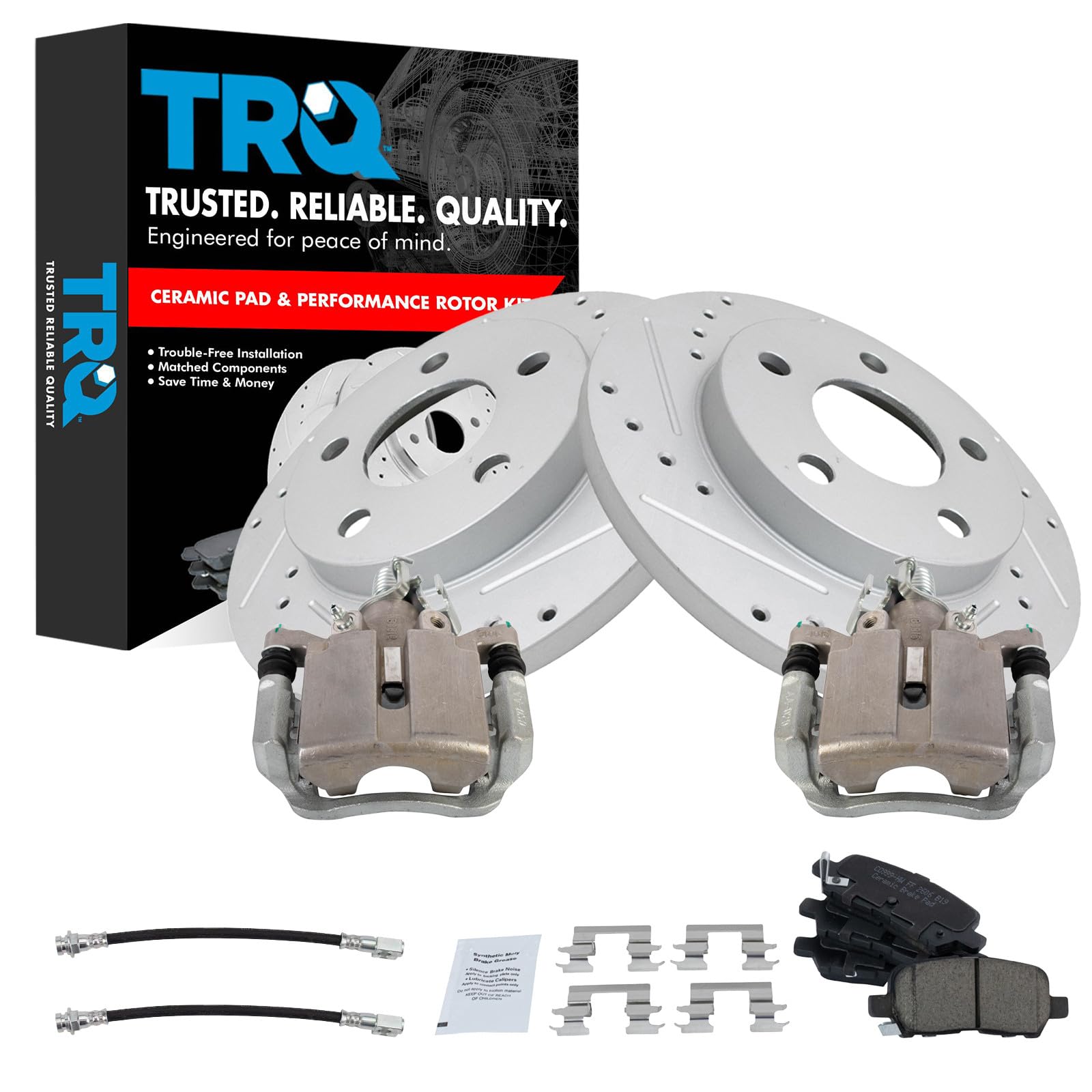 TRQ Performance Rear Brake Pad and Rotor Set Ceramic Slotted Drilled G Coated Rotors Calipers Compatible with 2004 Pontiac Grand Prix