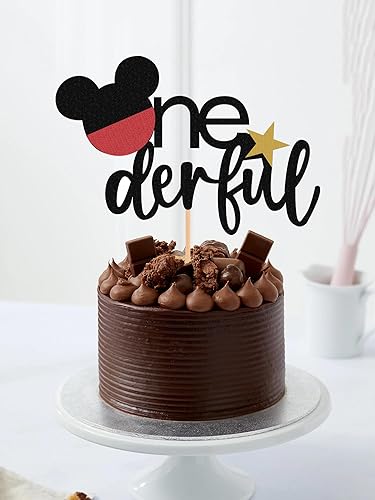 Miniatura 2 de MYAMPED - Decoración para pastel de 1er cumpleaños, temática de Mickey negro con purpurina, perfecta para fiesta de primer cumpleaños, fiesta de