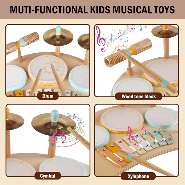 Set di Tamburi e Xilofono per Bambini da 1 a 3 anni, Strumenti Musicali, Maschi e Femmine - Regali per età 1, 2, 3+ (Neutro) - 4
