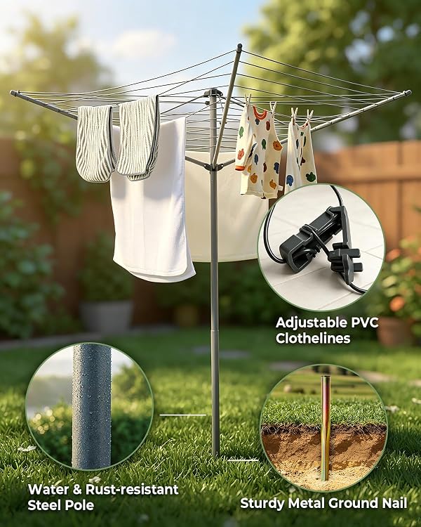 JS HANGER Collapsible 3-arm Rotary Outdoor Umbrella Drying Rack Metal Clothes Dryer Clothesline with 131ft Drying Space by JS HANGER - Used condition - Image 7