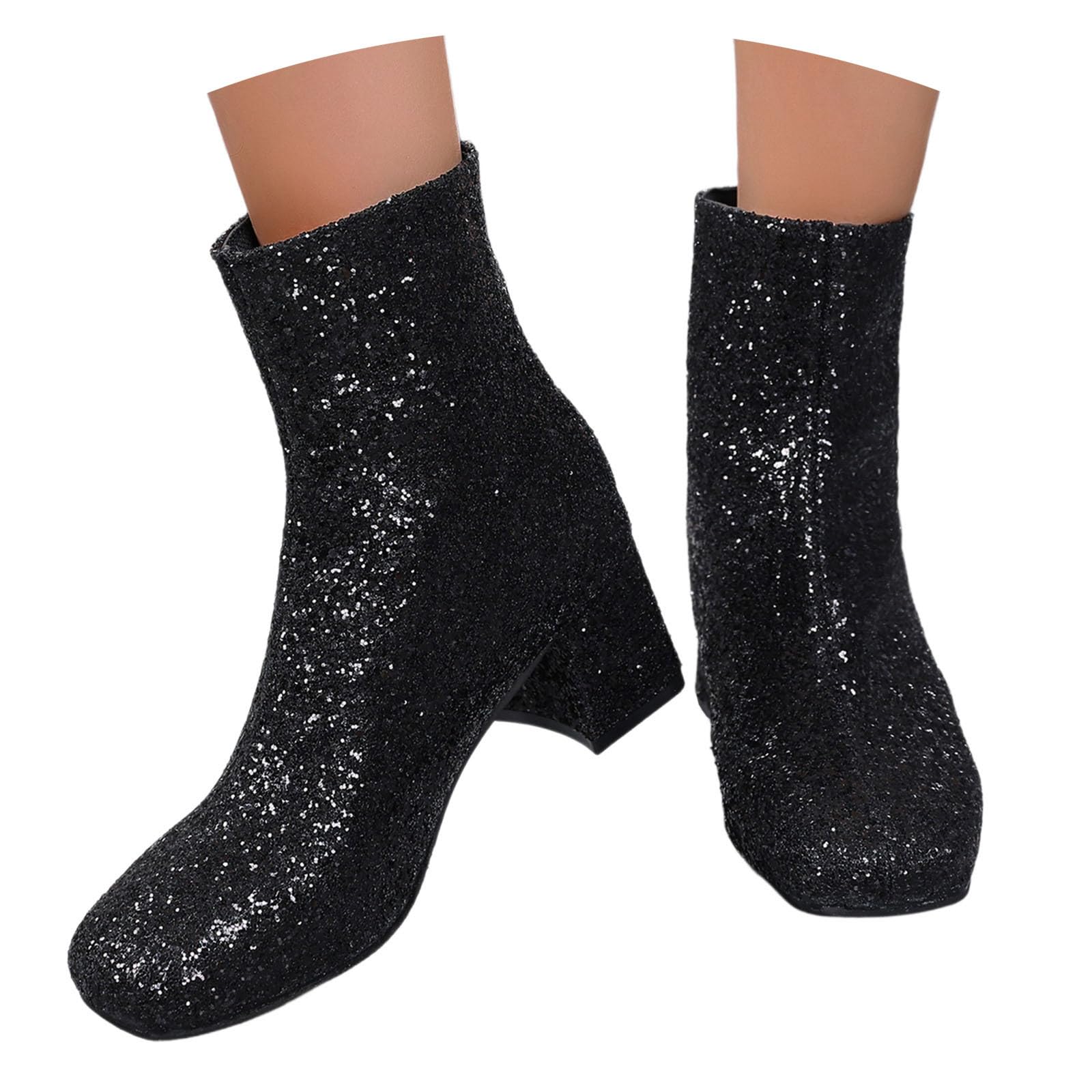 Womens Ankle Boots British Style Fashion Thick Heel Zipper Short Boots with Sequin Decoration for Ladies Winter