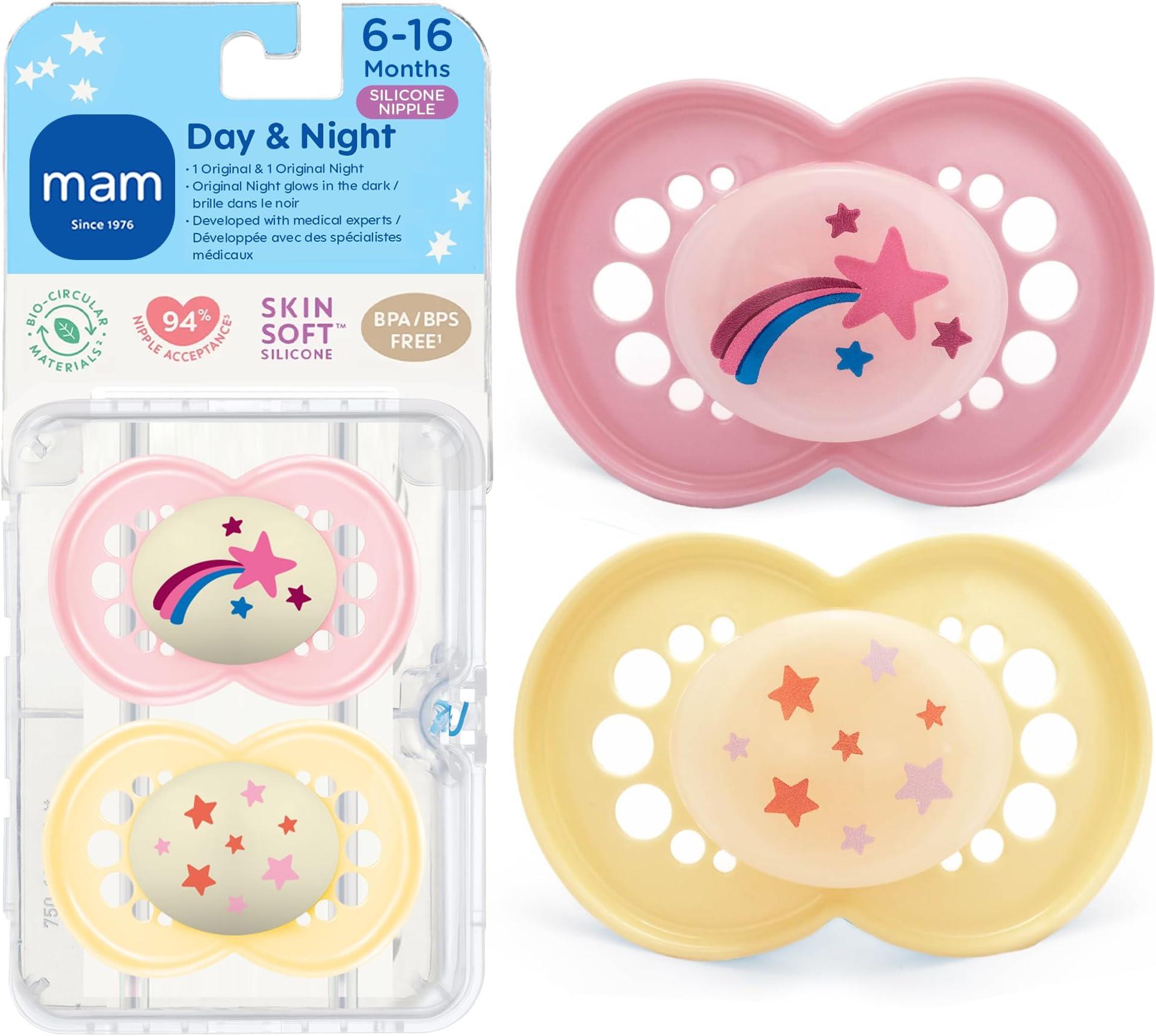 Original Baby Pacifiers 6-16 Months, Binky for Newborn Babies, BPA-Free Skin Soft Silicone Nipple, Glows in The Dark, Developed with Medical Experts, 2 Count, Sterilizer Case, Made in Europe