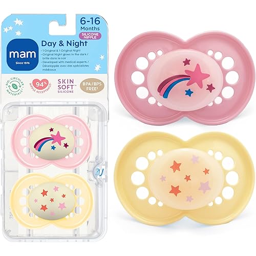MAM Original Baby Pacifiers 6-16 Months, Binky for Newborn Babies, BPA-Free Skin Soft Silicone Nipple, Glows in The Dark, Developed with Medical Experts, 2 Count, Sterilizer Case, Made in Europe