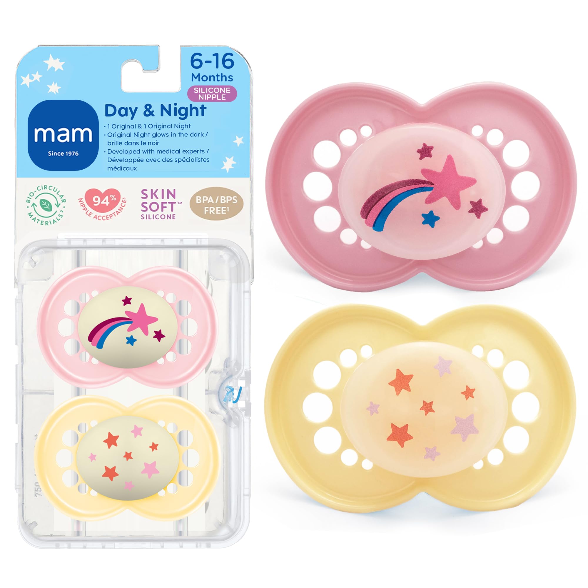 MAM Night Glow in the Dark Silicone Pacifier, Girl, 6 Plus Months, 2-Count by MAM