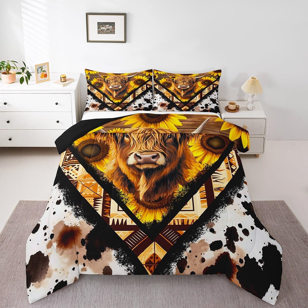 Erosebridal Highland Cow Queen Comforter Set,Farmhouse Sunflower Bedding Set for Women Men Bedroom Decor,Western Longhorn Cattle Quilt Set Aztec Cow Print Bed Comforter Sets,2 Pillowcases
