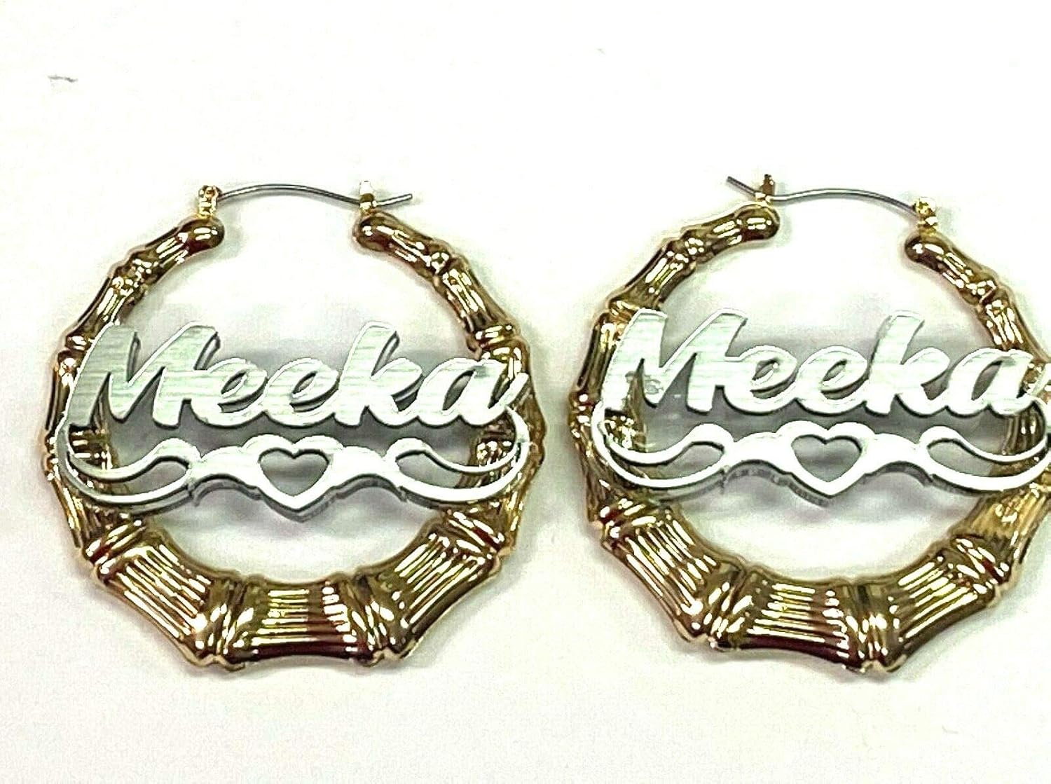 Personalized Custom Gold 1.5, 2.5, 3.5" Size Choice Bamboo Earrings Hoop Name Plate Laser Cut Diamond Look Script Cursive Swirls Design Stunning Look - Quality, Attractive Gold Bamboo Earrings, Made To Order - Any Name