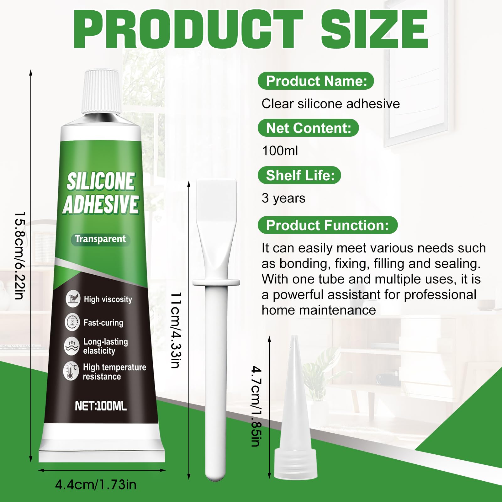 ALLONY Silicone Trasparente, Silicone Trasparente Sigillante, Colla per Modellismo, Elasticità, Impermeabile, Adatto per Vetro, Metallo, Ceramica, Plastica, 100ML