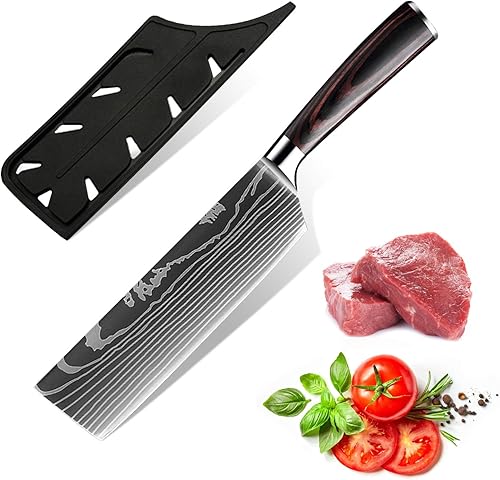 KEPEAK Cuchillo de carnicero de 7 pulgadas, acero de alto carbono, cuchillos de cocina con mango de madera de Pakkawood, cuchillo de chef asiático
